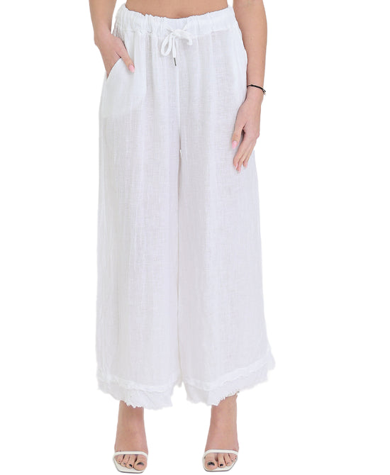 Linen Wide Leg Crop Pants w/ Frayed Trim view 