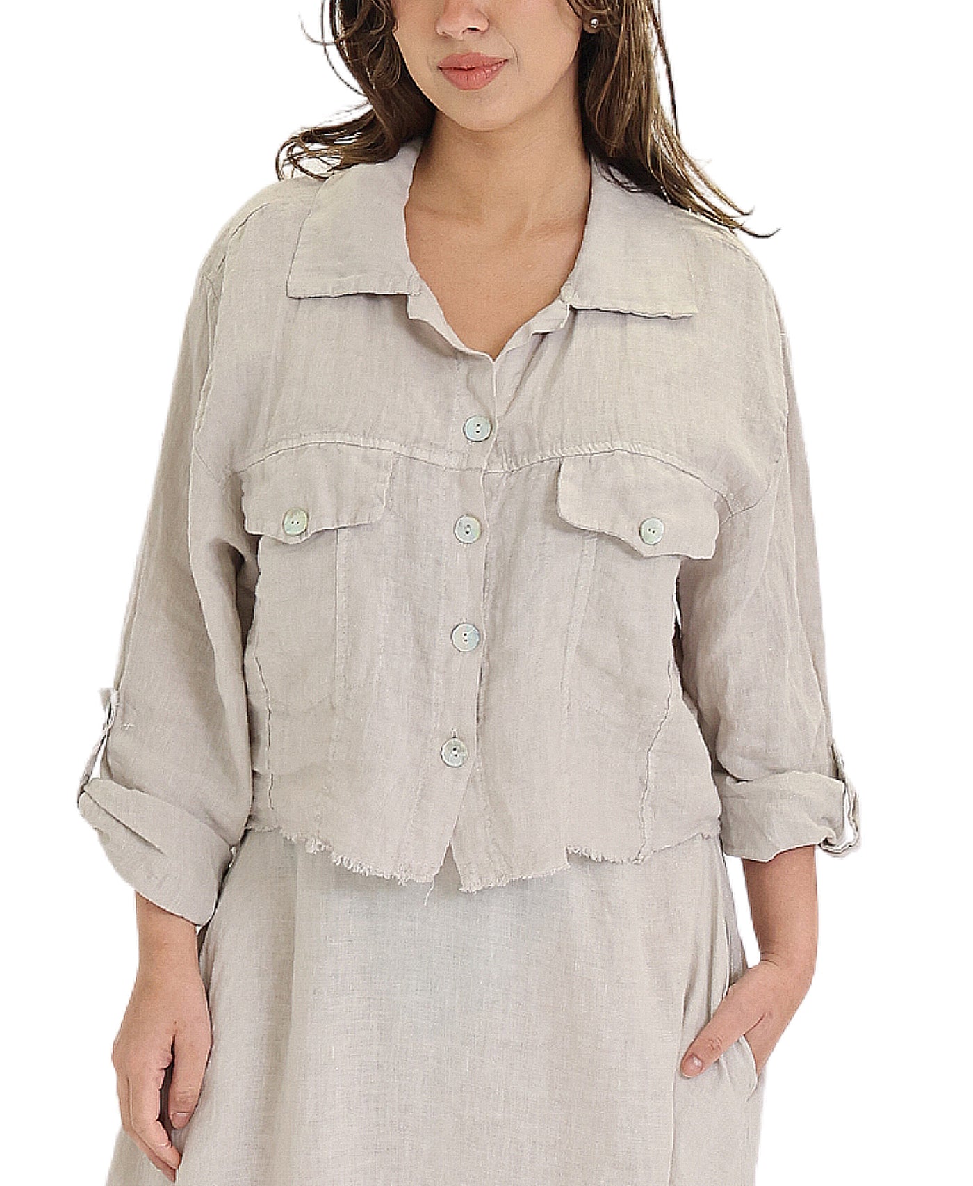 Linen Crop Shirt w/ Frayed Trim view 1