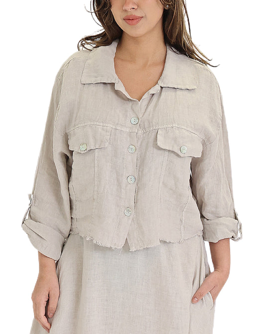 Linen Crop Shirt w/ Frayed Trim view 