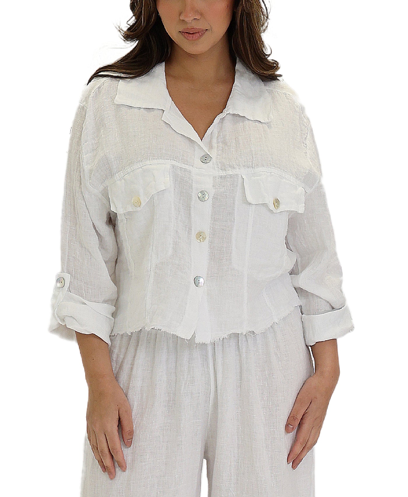 Linen Crop Shirt w/ Frayed Trim view 1