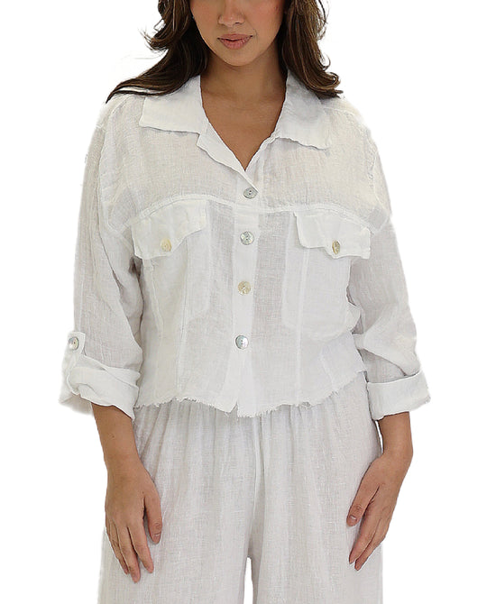 Linen Crop Shirt w/ Frayed Trim view 