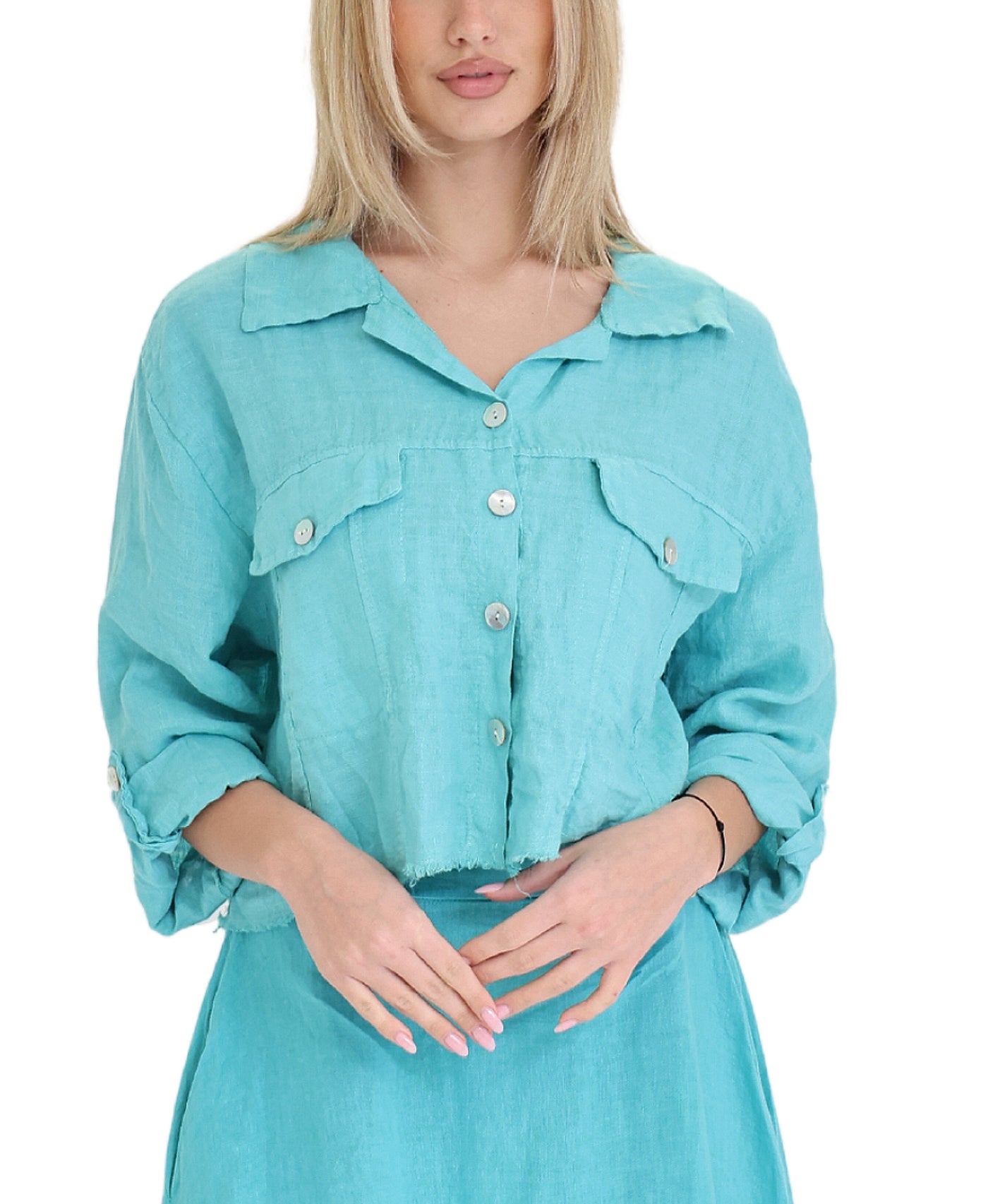 Linen Crop Shirt w/ Frayed Trim view 1