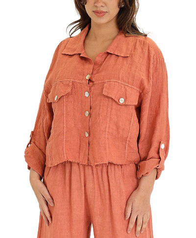 Linen Crop Shirt w/ Frayed Trim image 1