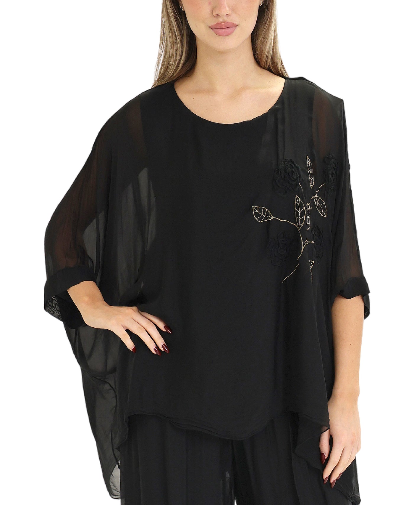 Silk Hanky Hem Top w/ Floral Embroidery view 1