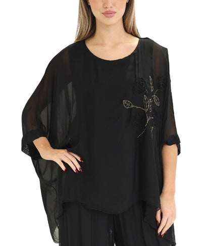 Silk Hanky Hem Top w/ Floral Embroidery image 1