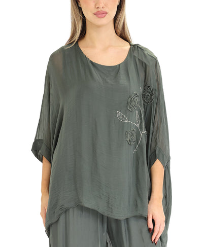 Silk Hanky Hem Top w/ Floral Embroidery image 1