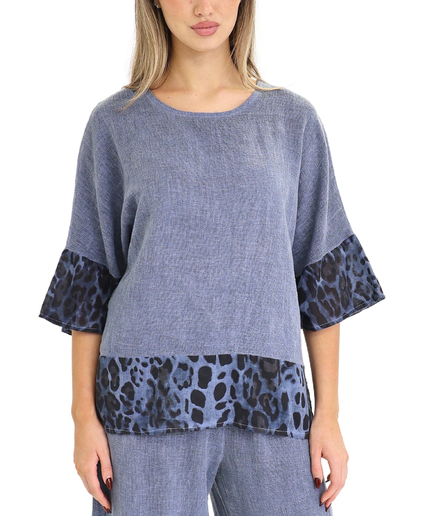 Linen & Cotton Top w/ Leopard Trim view 1