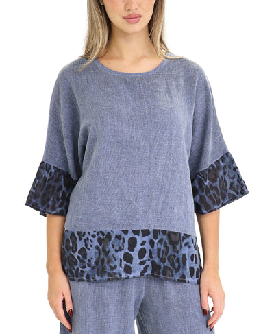 Linen & Cotton Top w/ Leopard Trim image 1