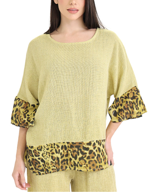 Linen & Cotton Top w/ Leopard Trim view 