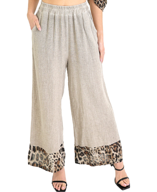 Linen & Cotton Pants w/ Leopard Trim view 