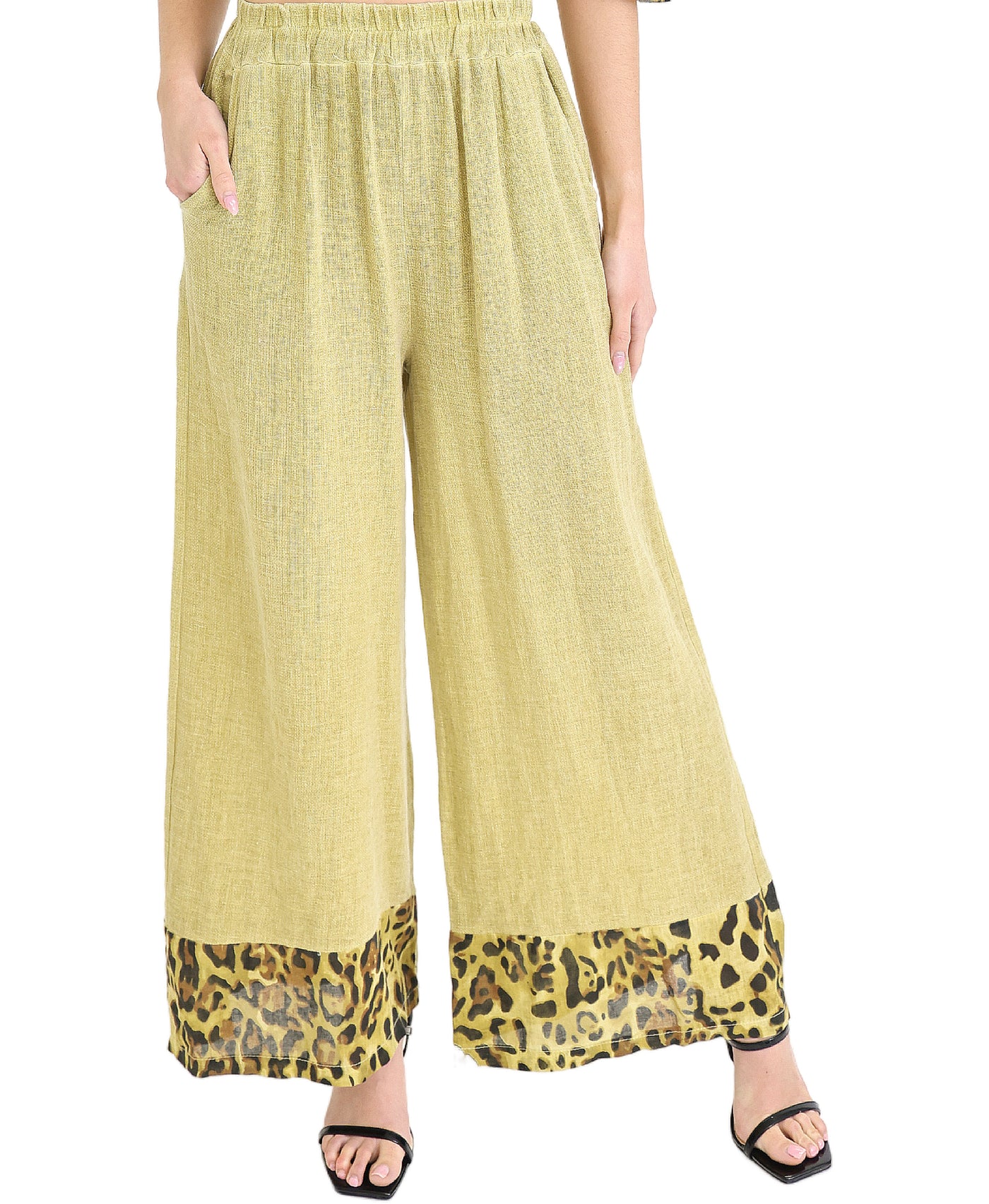 Linen & Cotton Pants w/ Leopard Trim view 1