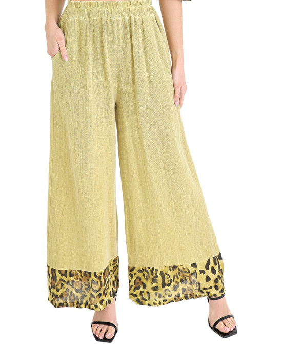 Linen & Cotton Pants w/ Leopard Trim view 