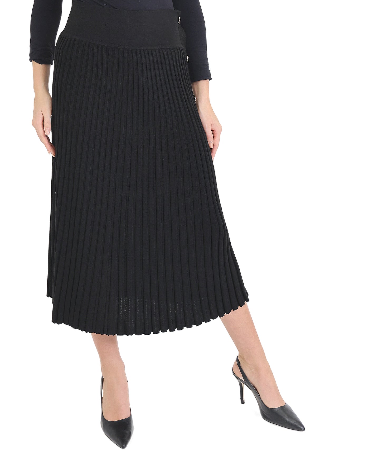 Ribbed Knit Midi Skirt w/ Side Buttons view 1