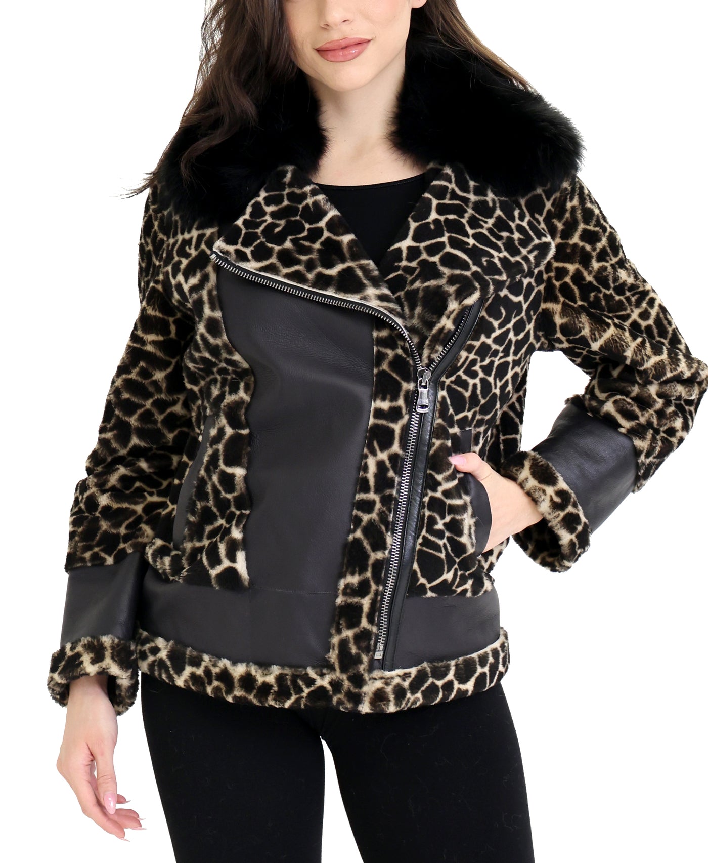 Leopard Shearling Moto Jacket view 1