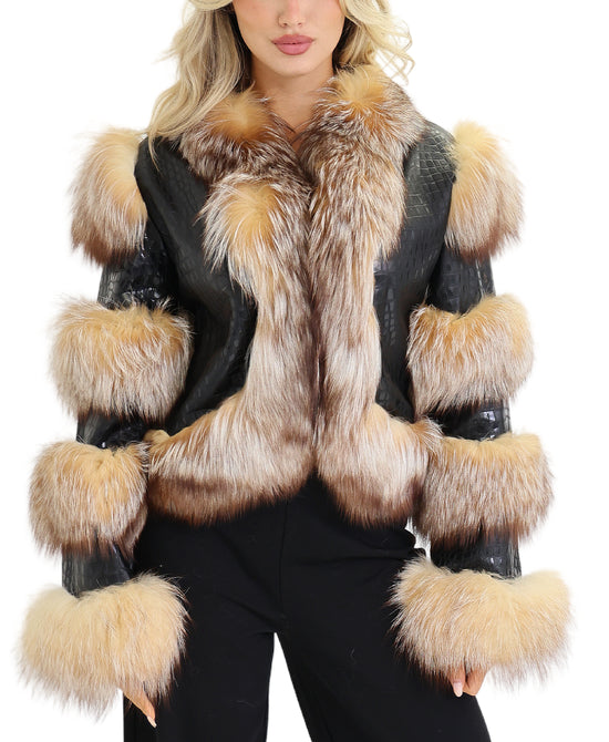 Croc Embossed Leather Jacket w/ Fox Fur Trim view 