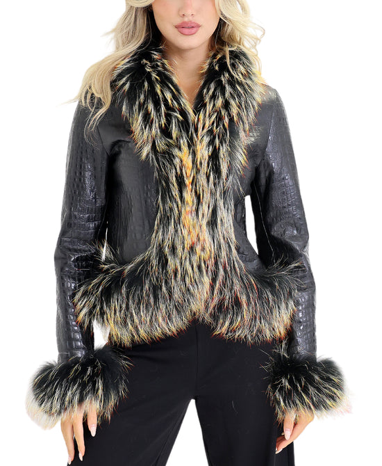 Embossed Leather Jacket w/ Fox Fur Trim view 