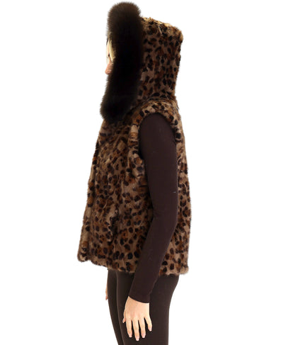 Animal Print Mink Vest w/ Fox Fur Hood image 2