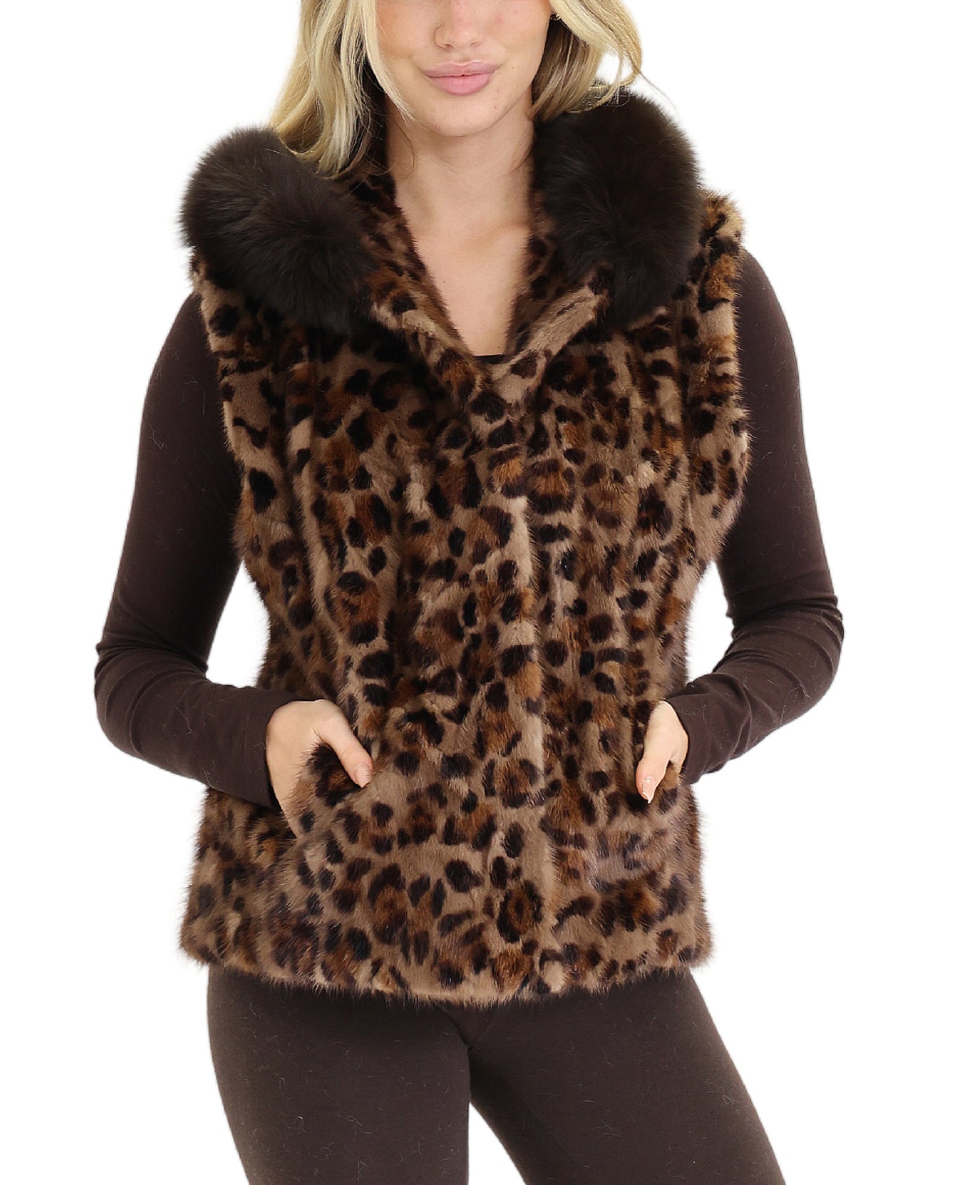 Animal Print Mink Vest w/ Fox Fur Hood view 1