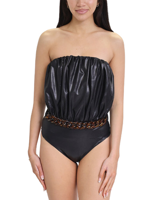 Faux Leather Ruched One Piece Swimsuit view 