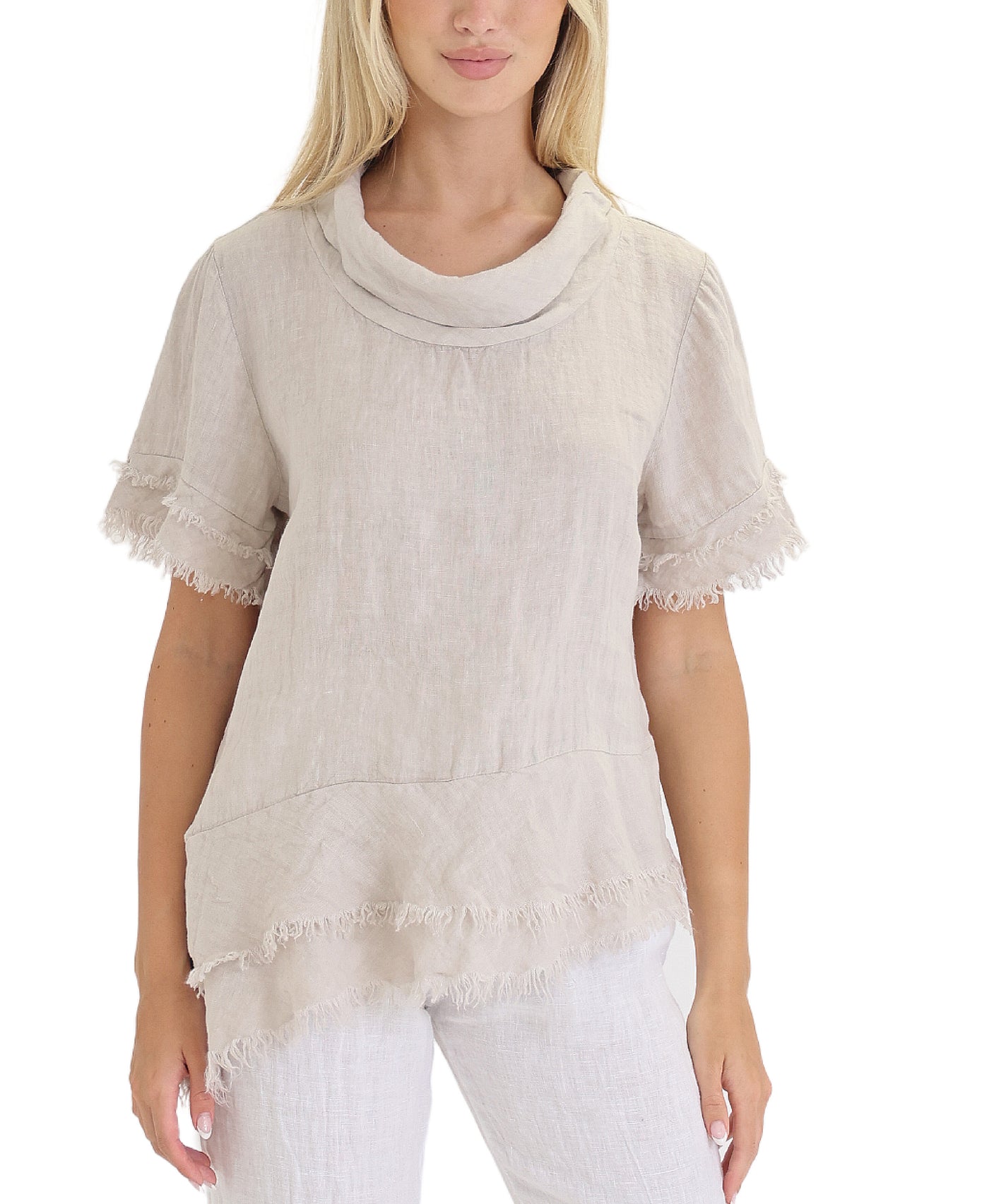 Linen Asymmetrical Top w/ Frayed Trim view 1