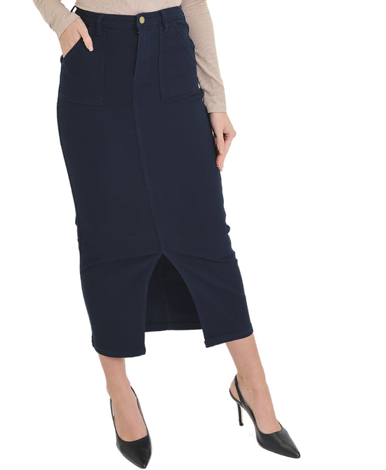 Denim Midi Skirt w/ Front Slit view 