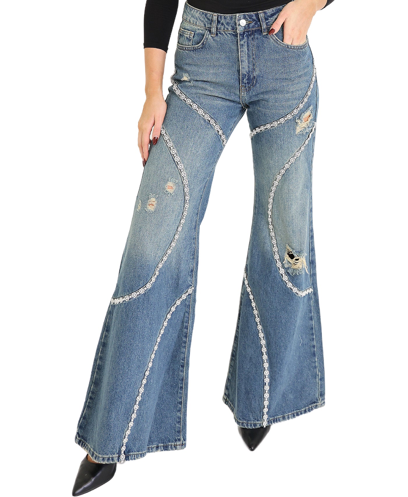 Wide Leg Jeans w/ Rhinestones view 1