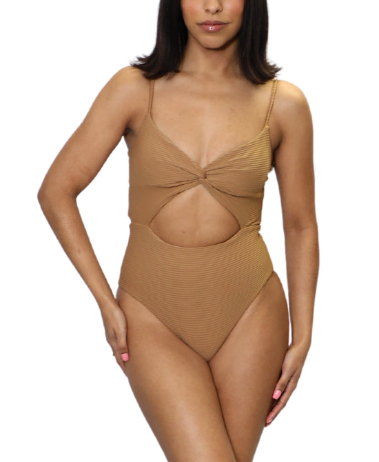 Solid Ribbed Cut Out One Piece Swimsuit view 