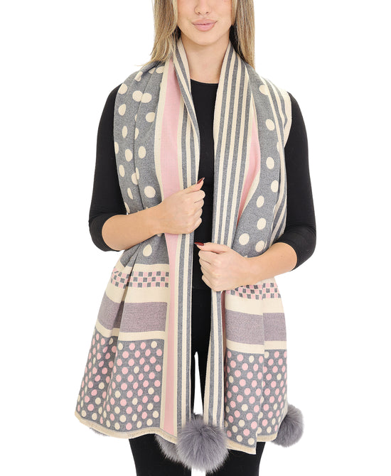 Polka Dot & Stripe Scarf/Wrap w/ Fur Poms view 