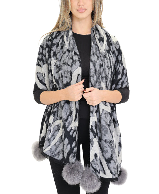 Animal & Heart Printed Scarf/Wrap w/ Fur Poms view 