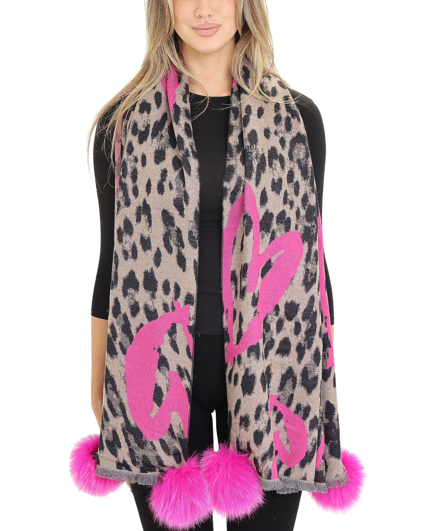 Animal & Heart Printed Scarf/Wrap w/ Fur Poms view 1