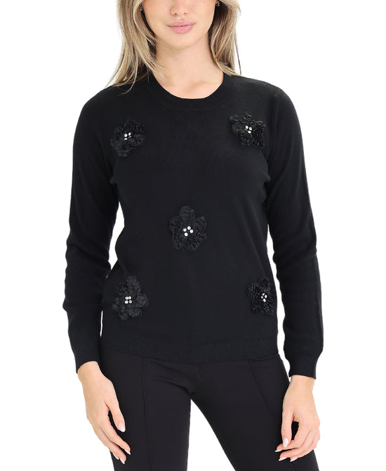 Sweater w/ 3D Flowers & Rhinestones view 