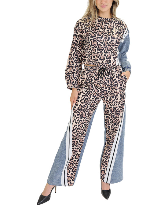 Leopard & Denim Top & Pants Set- 2 Pc Set view 