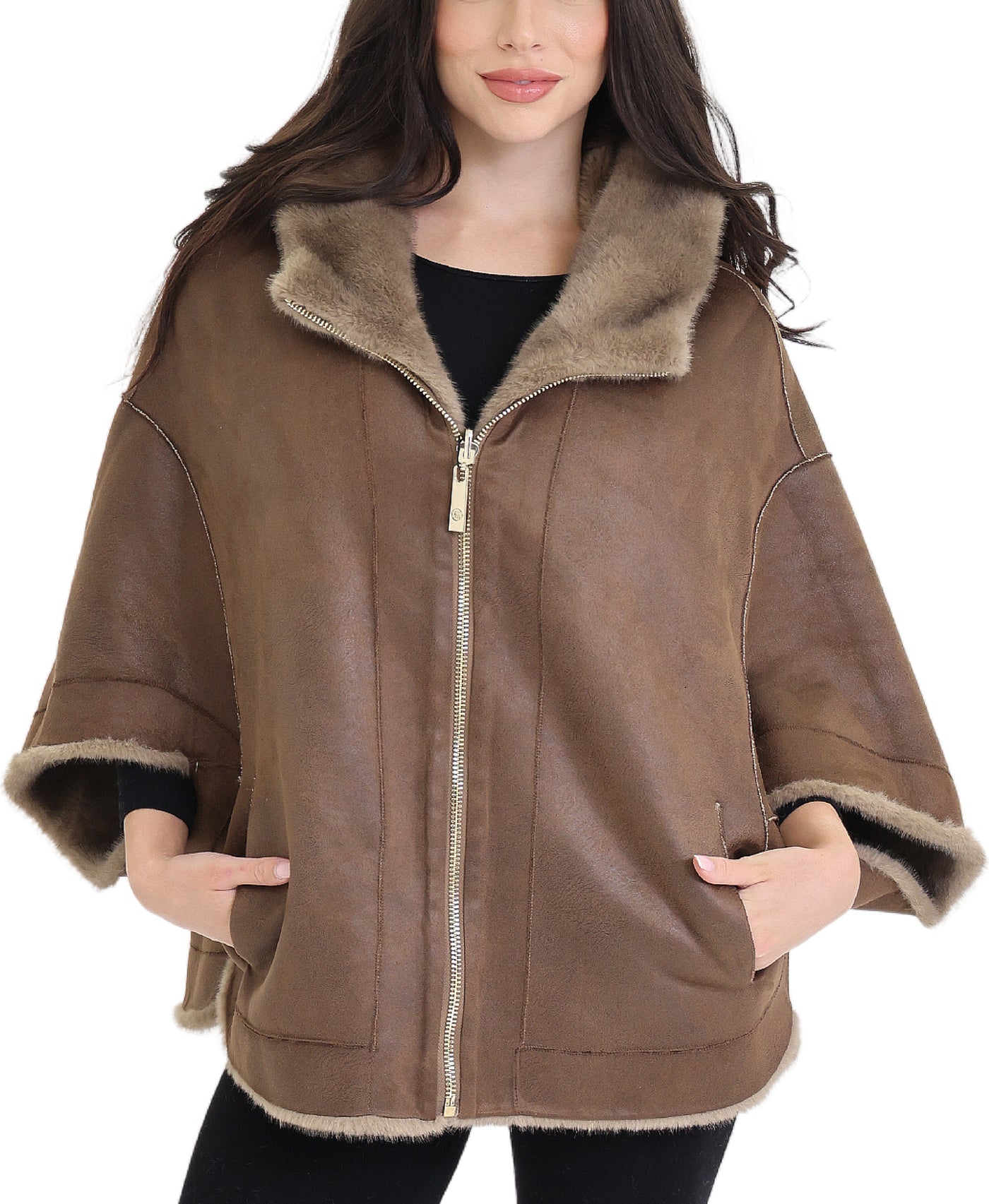 Reversible Faux Fur & Faux Suede Cape w/ Hood view 2