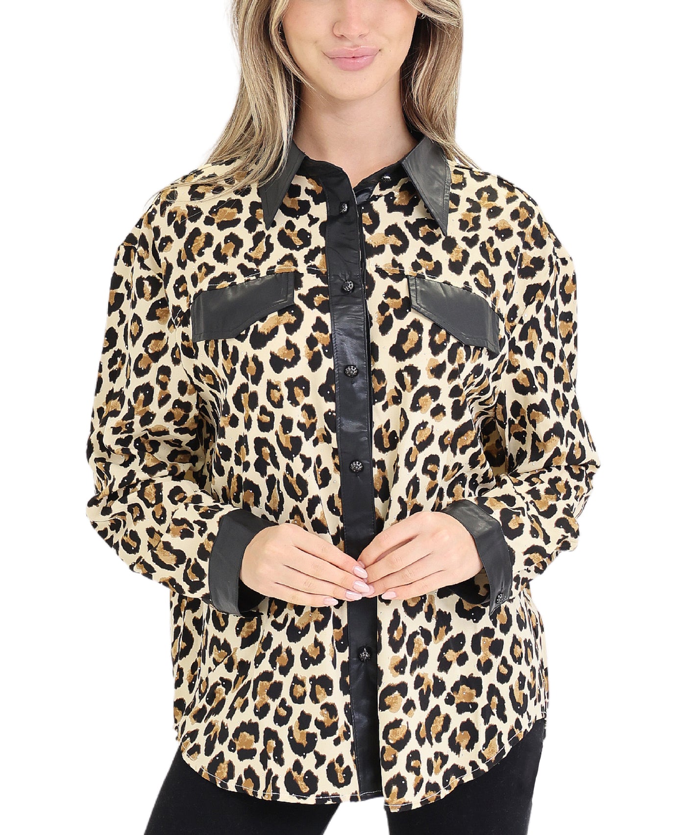 Leopard Blouse w/ Faux Leather Trim & Crystals view 1