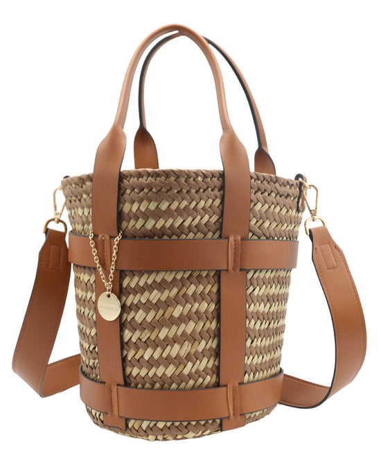 Straw & Faux Leather Bucket Bag view 