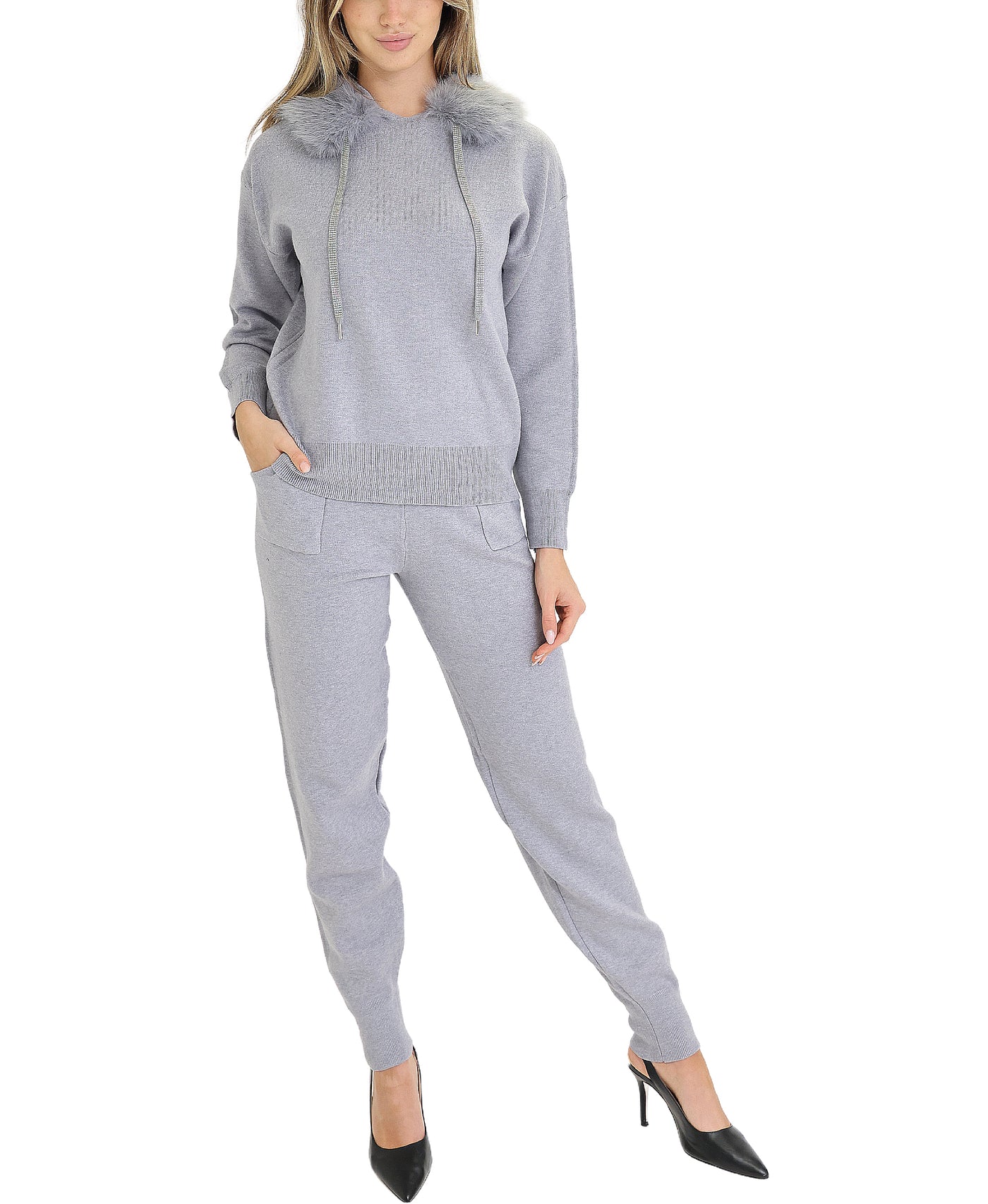 Knit Hoodie w/ Faux Fur & Jogger Set - 2 Pc Set view 1