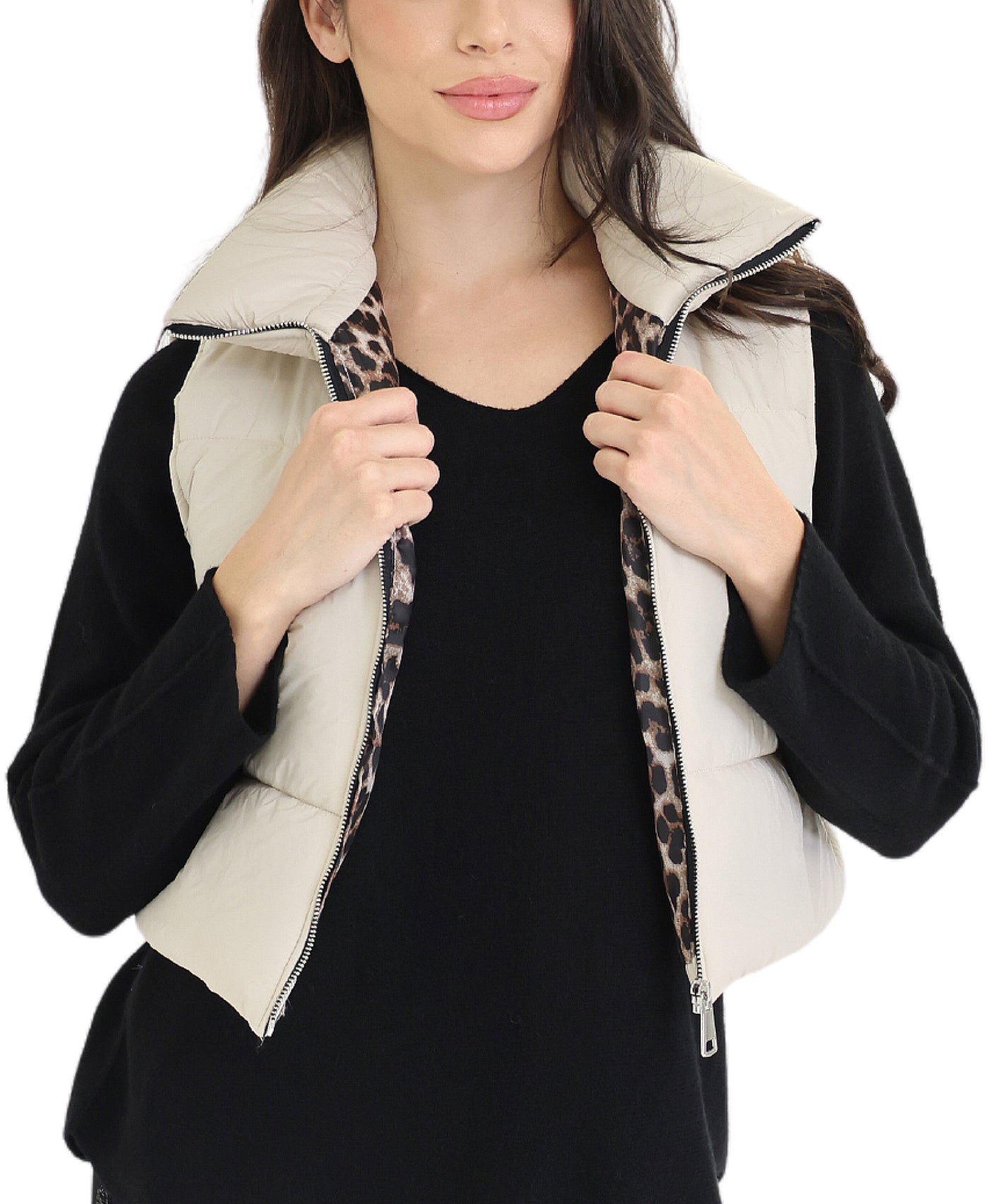 Crop Puffer Vest w/ Leopard Lining view 1