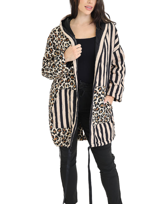 Stripe & Leopard Quilted Coat w/ Hood view 