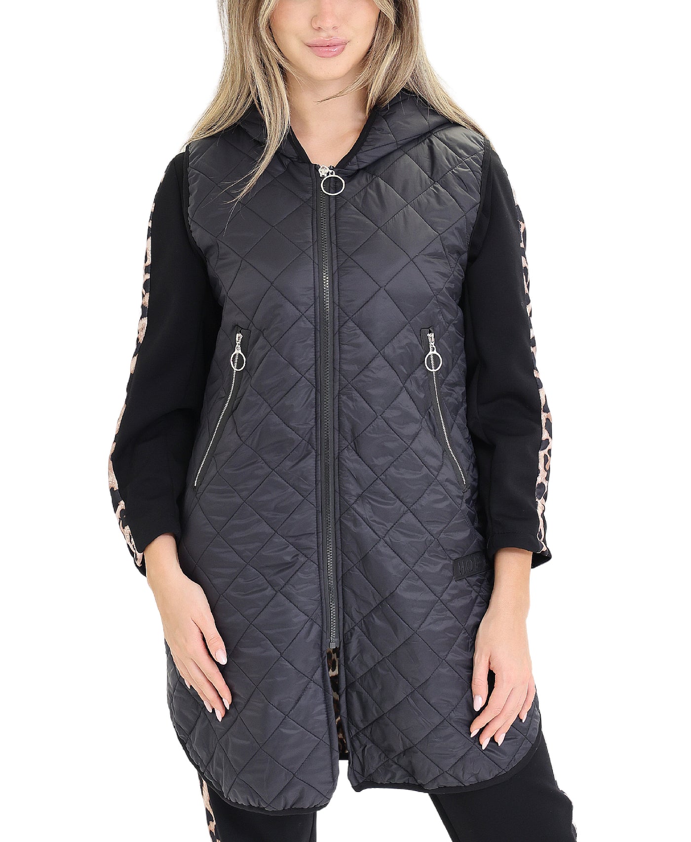 Quilted Hooded Vest w/ Leopard Lining view 1