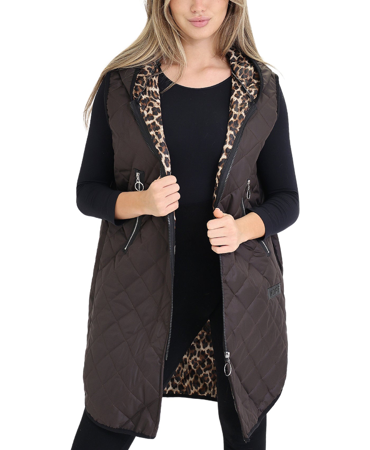 Quilted Hooded Vest w/ Leopard Lining view 1