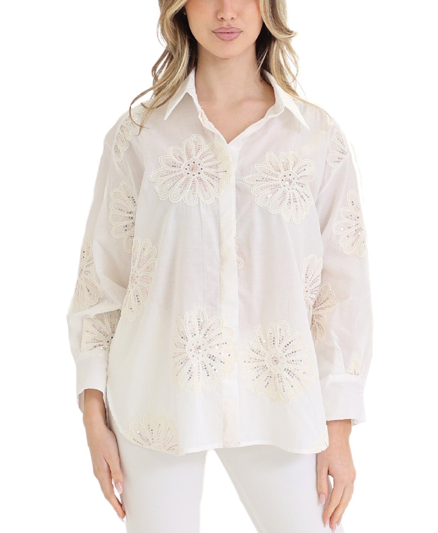 Button Front Top w/ Embroidered Flowers view 1