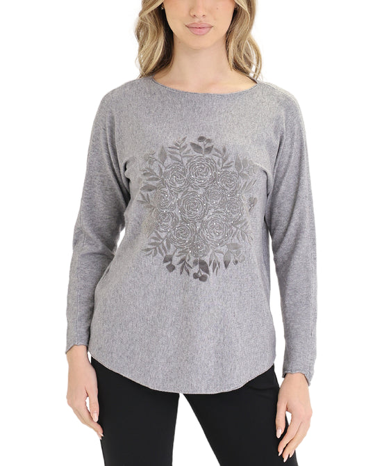 Floral Flocked Sweater w/ Crystals view 