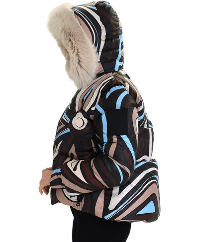 Swirl Print Puffer Jacket w/ Fox Fur Hood image 2