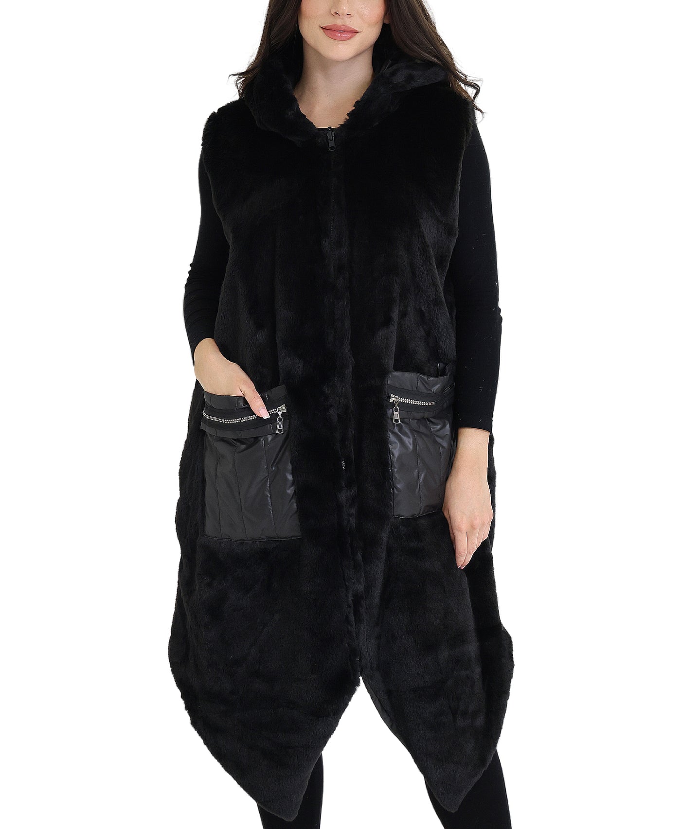 Reversible Faux Fur Long Hooded Vest view 1