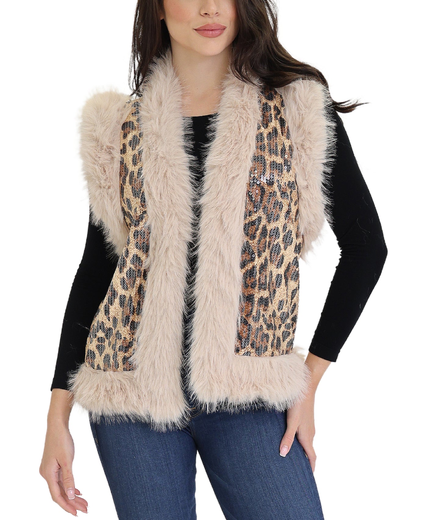 Leopard & Sequin Sweater Vest w/ Faux Fur Trim view 1