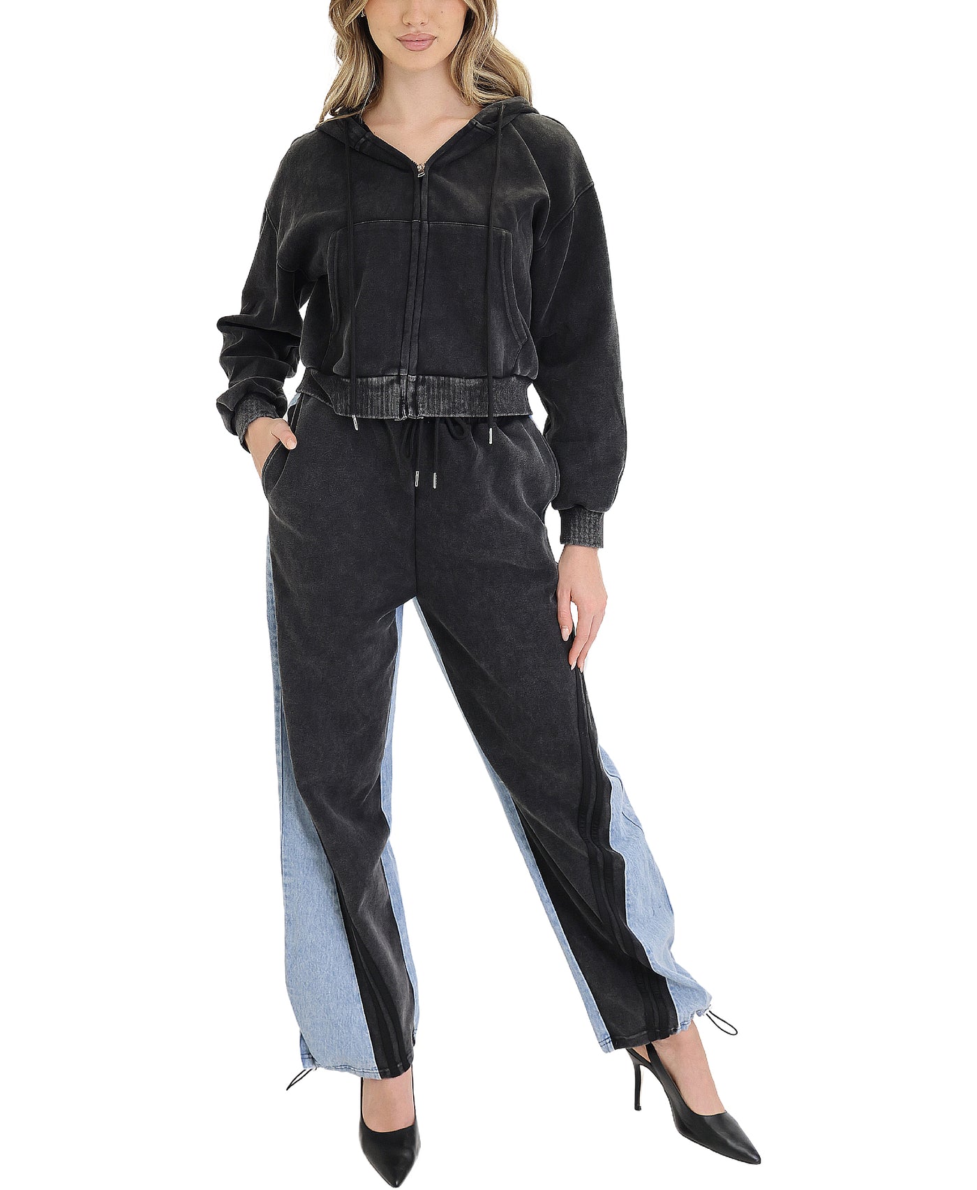 Fleece & Denim Combo Hoodie & Pants Set- 2 Pc Set view 1