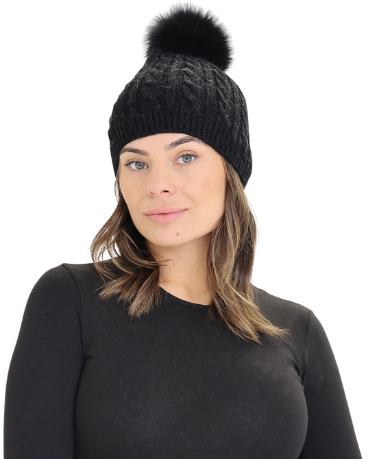 Cable Knit Hat w/ Fur Pom view 