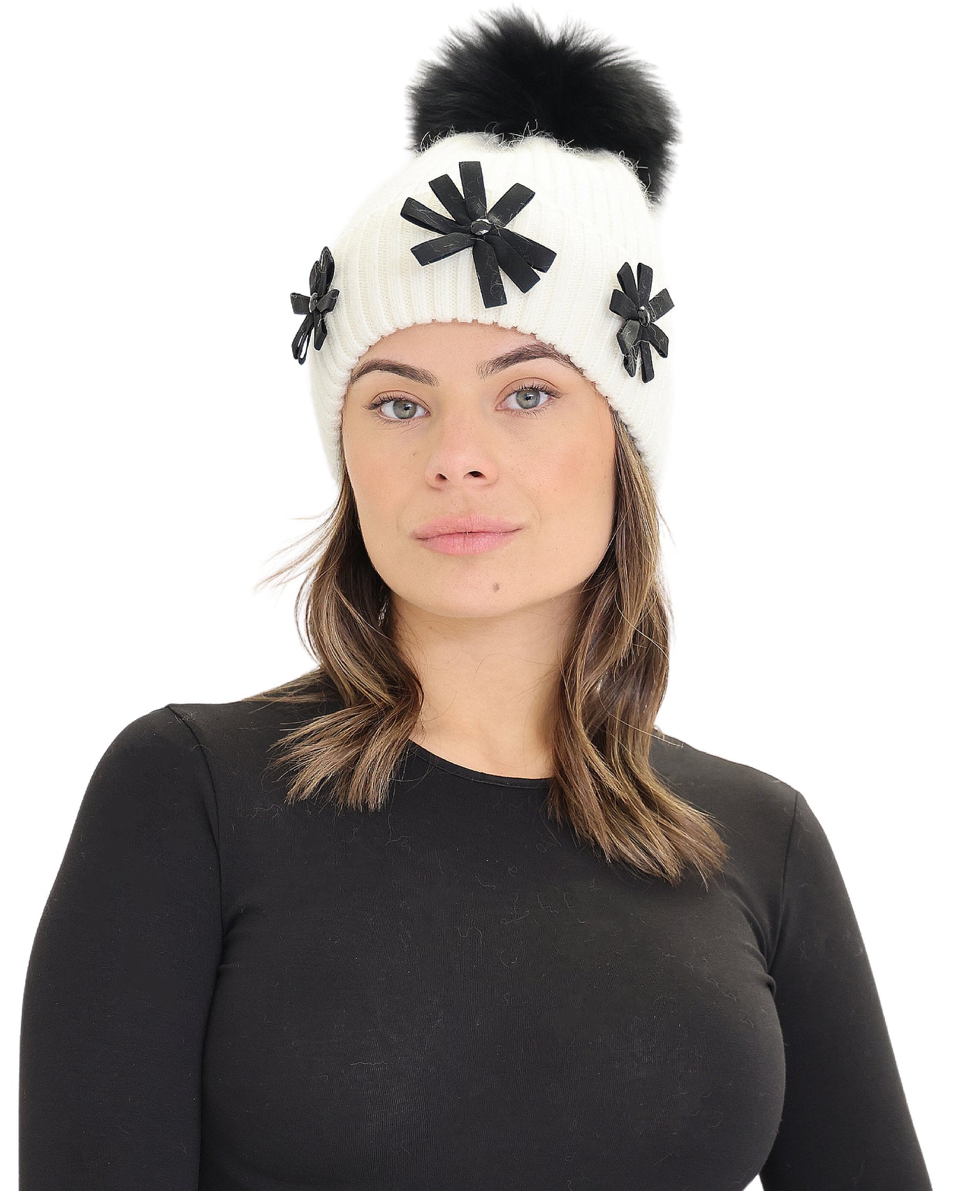 Knit Hat w/ Flowers & Fur Pom view 1