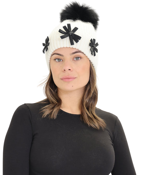 Knit Hat w/ Flowers & Fur Pom view 