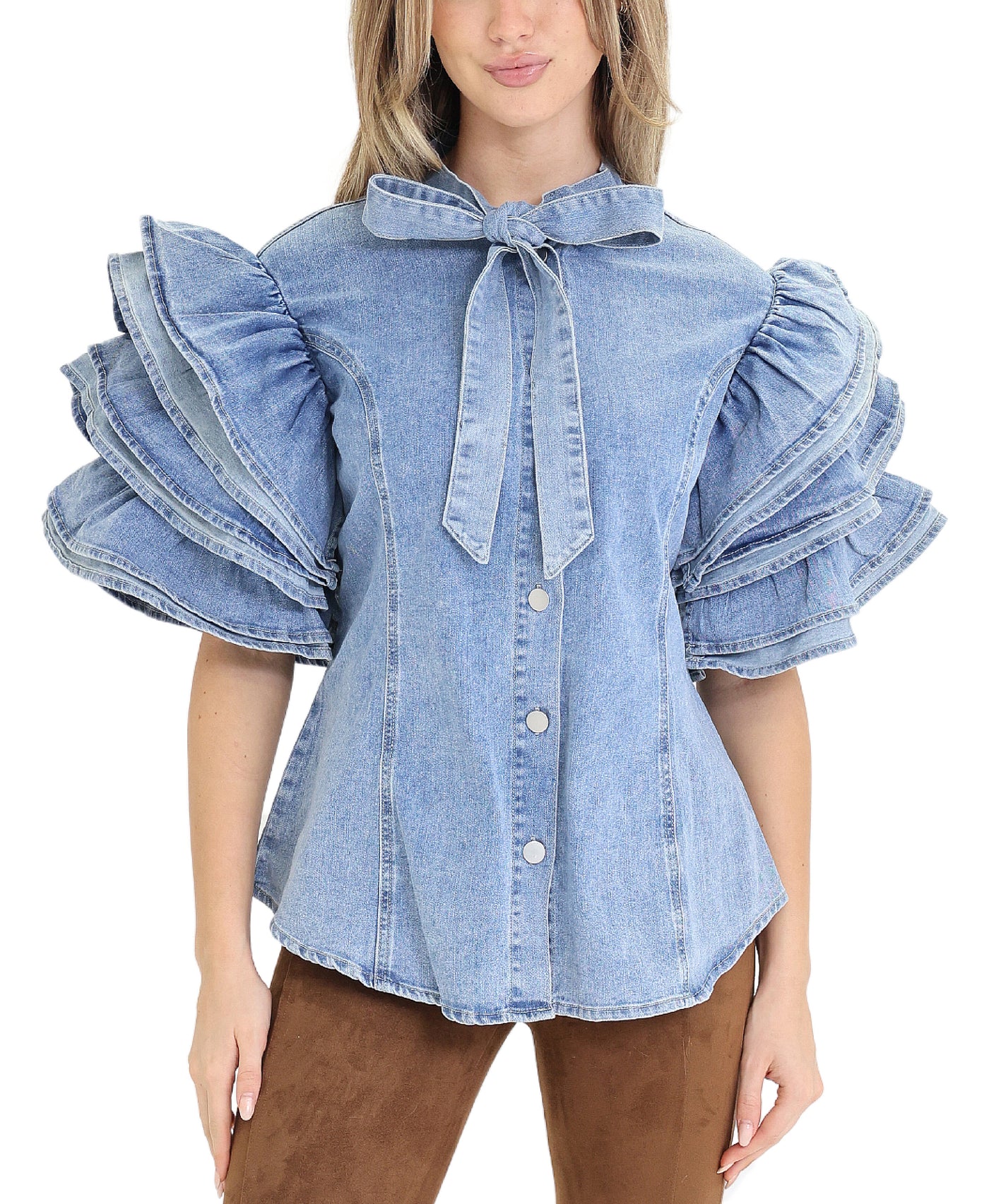 Denim Shirt w/ Tiered Ruffle Sleeves view 1